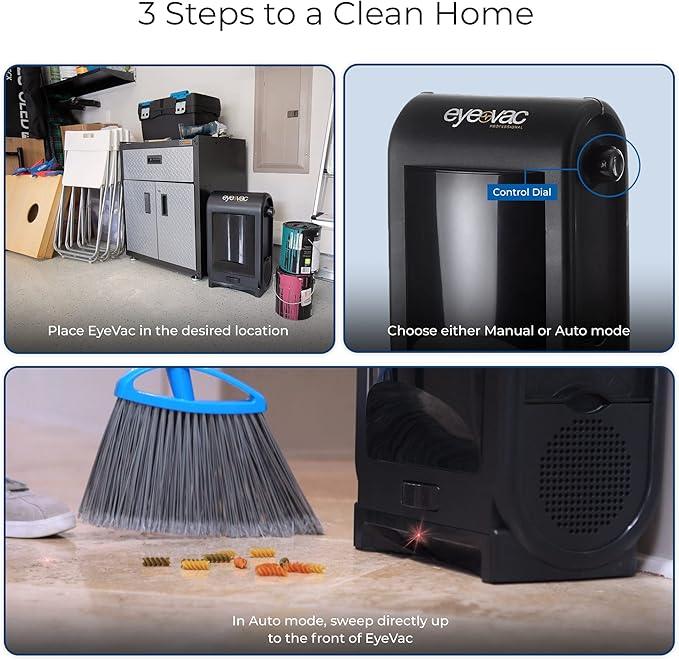 EyeVac Pro Touchless Vacuum Automatic Dustpan - Ultra Fast & Powerful - Great for Sweeping Salon Pet Hair Food Dirt Kitchen, Corded Canister Vacuum, Bagless, Automatic Sensors, 1400 Watt (Black) - NeatNest