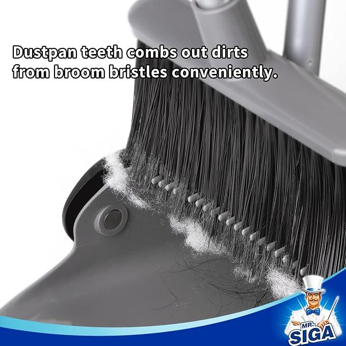 MR.SIGA Broom and Dustpan Set with Adjustable Long Handle, Upright Combo for Floor, Cleaning Lobby, Gray - NeatNest