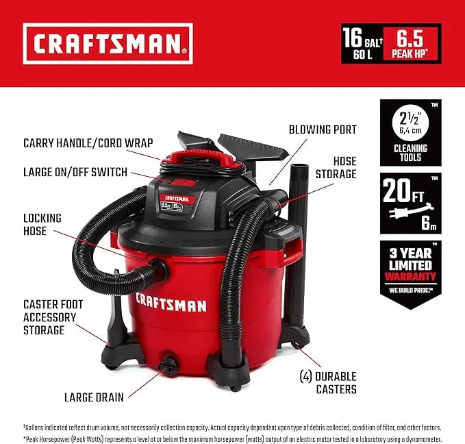 CRAFTSMAN CMXEVBE17595 16 Gallon 6.5 Peak HP Wet Dry Vac, Heavy-Duty Shop Vacuum Wet and Dry with Filter, Dust Bag, Hose and Attachments for Home Projects & Renovations - NeatNest