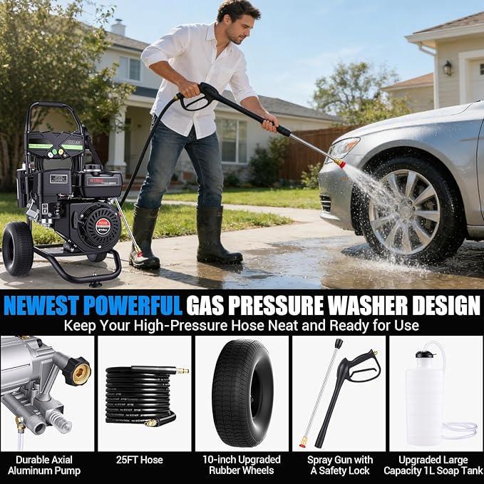 4200PSI Pressure Washer 4.0GPM Gas Power Washer 212CC Gas Powered Washing Machine Commercial High Pressure Washer with 25ft Hose&5 Nozzles for Patio Garden Yard Vehicle,EPA/CARB/ETL (Black) - NeatNest