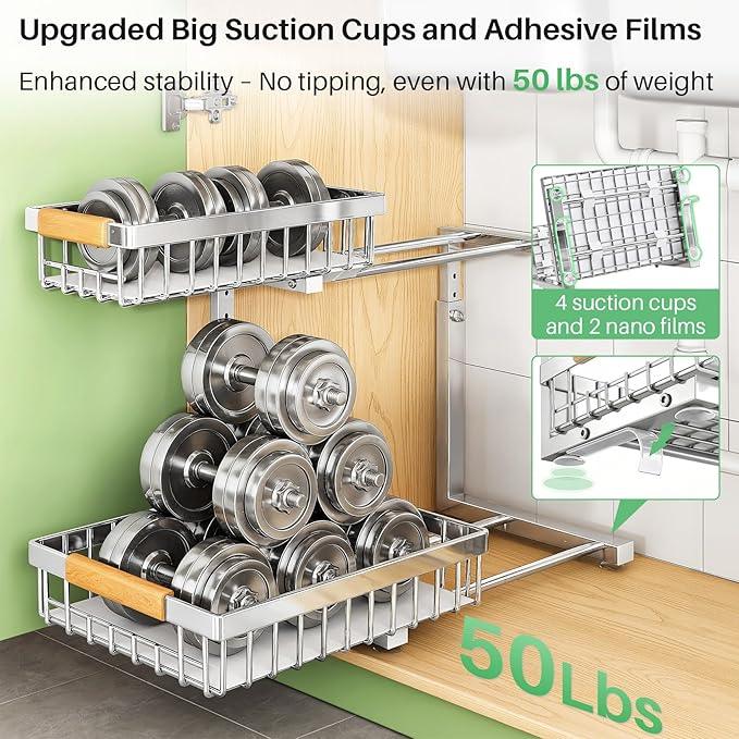 Under Sink Organizer, Stainless Steel 1-Pack 2 Tier Under Sink Organizers and Storage, Slide out Pull out Cabinet Shelf, Sliding Drawer for Kitchen Bathroom Pantry Cabinet Closet Organization Rack - NeatNest