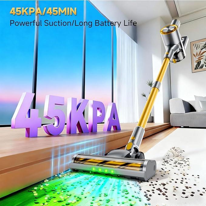 Cordless Stick Vacuum Cleaner - 45KPA Powerful Suction Vacuum with 45 Min Runtime, Detachable Battery, Anti-Tangle & 1.5L Dust Cup, 8 in 1 Vacuum Cleaner for Pet Hair, Carpet, HardFloor, Yellow - NeatNest