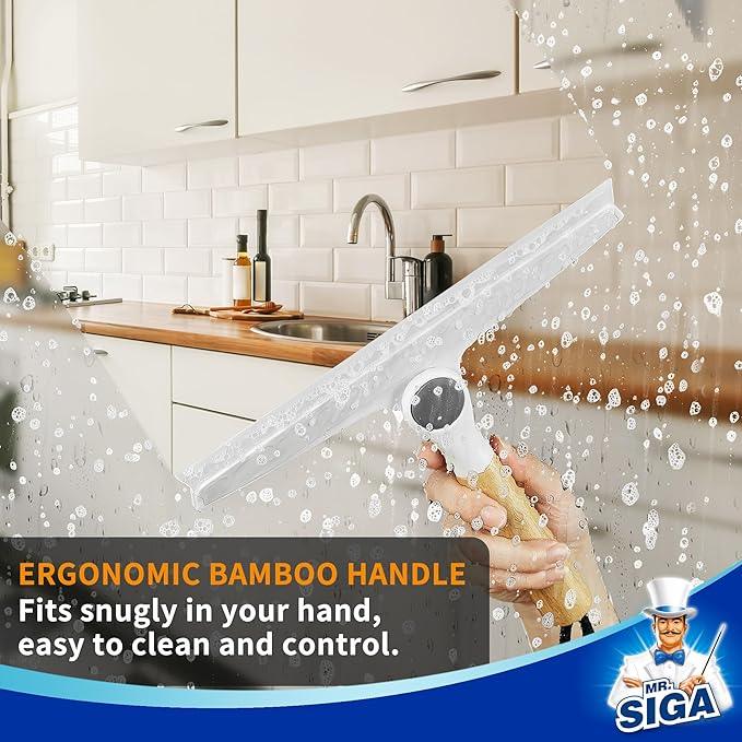 MR.SIGA All Purpose Silicone Squeegee for Shower Door, Mirror, Glass, Streak Free Shower Squeegee, Pivoting Bamboo Handle, Includes 1 Suction Hook, 10 inch Wide, 1 Pack - NeatNest