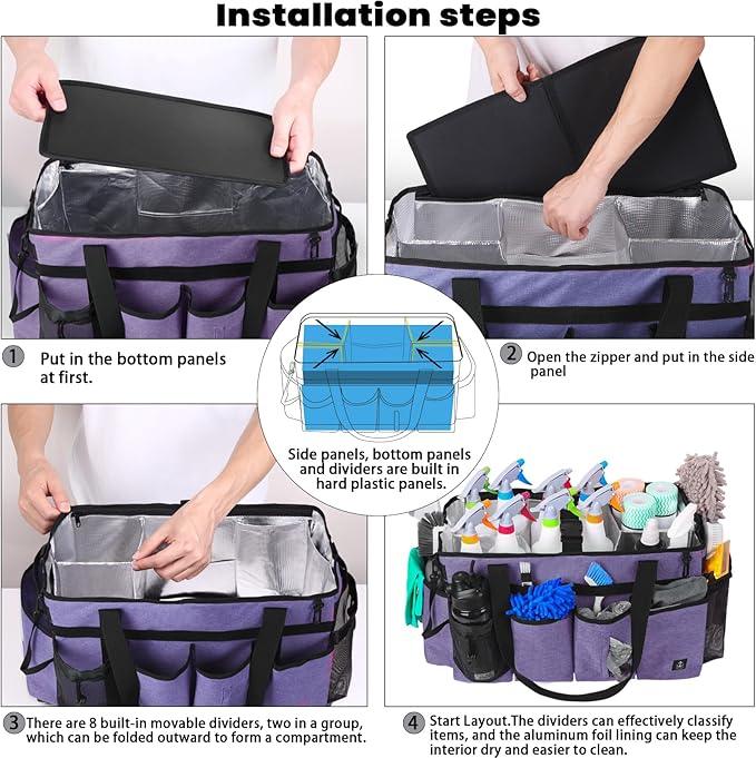 Extra large Cleaning Caddy Bag Built-in Sturdy Support Board, Cleaning Organizer with Detachable Divider, Cleaning Supply Tote with Adjustable Shoulder Strap (Purple, 19'' x 11'' x 11'') - NeatNest