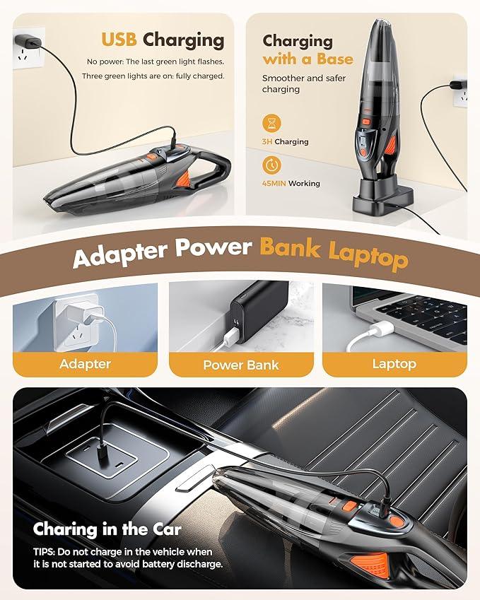Handheld Vacuum Cordless 25000PA Powerful Suction, Portable Car Vacuum, 3 in 1 Hand Held Vacuum Rechargeable 8000mAh with LED Light, HEPA Filter, Home, Car Seats, Office, Pet Hair, Dust Buster - NeatNest