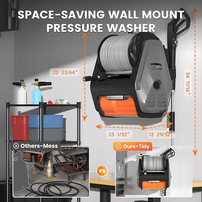 Giraffe Tools Grandfalls Retractable Pressure Washer Pro, Wall Mounted Pressure Washer with 1800W Brushless Motor, 3700PSI Electric Power Washer with 100ft Pressure Hoses, Dark Silver - NeatNest