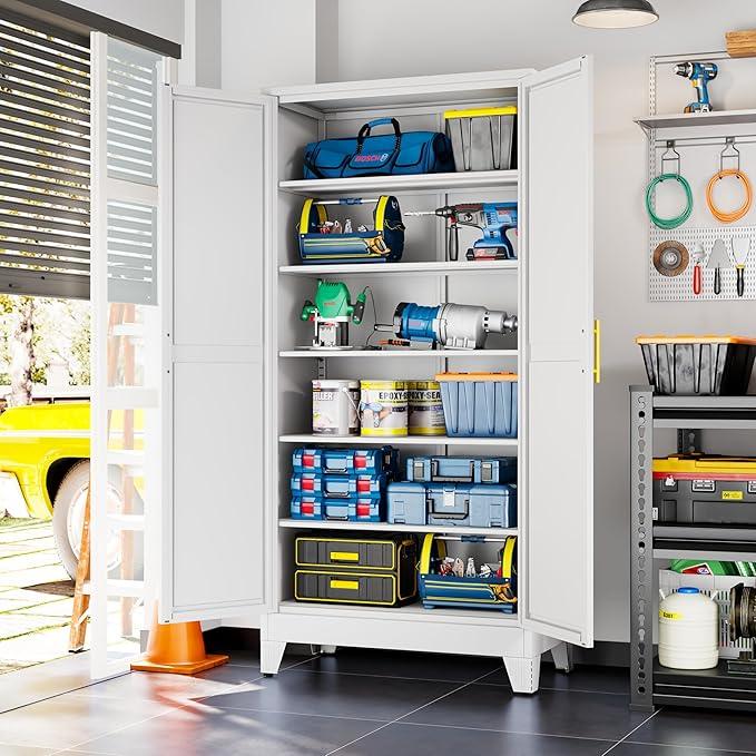 White Metal Storage Cabinet,75" Steel Cabinets for Home Office, Kitchen Pantry Storage Cabinet with Doors and 5 Adjustable Shelves, Tool Cabinets, for Office, Home, Garage, School, 36" W - NeatNest