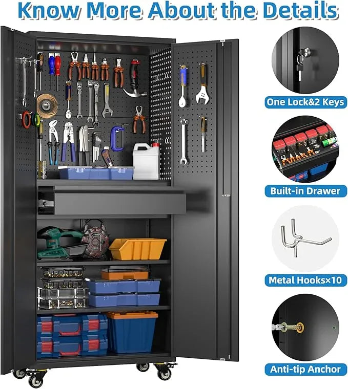 SUXXAN 71" Metal Garage Storage Cabinet with 16 Hooks and Pegboards,1 Drawer Inside Rolling Tool Storage Cabinet with Adjustable Shelves,3 Metal Hanging Rod for Garage,Warehouse - NeatNest