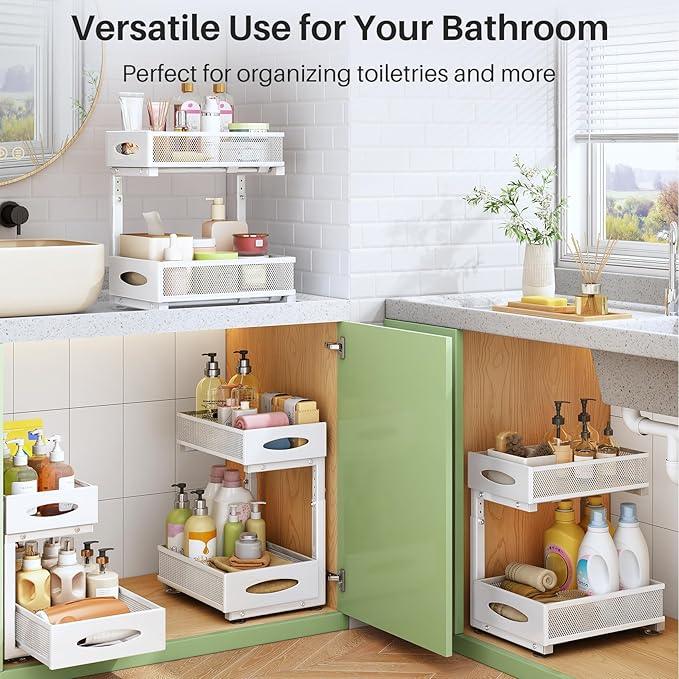Under Sink Organizer, 2 Pack 2 Tier Pull out Cabinet Organizer Baskets with Mesh Sliding Drawers, Slide out Sink Storage Shelves for Kitchen, Bathroom, Pantry, Cabinet Organizers and Storage(White) - NeatNest
