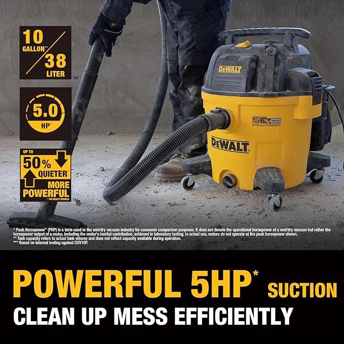 DEWALT 10 Gallon Stealthsonic Wet/Dry Vacuum, 5 Peak HP Ultra-Quiet Shop Vac with Full Accessory Kit & 6 Bonus Dust Bags, 1-7/8 in. x 7 ft. Hose for Job Sites, Workshops & Garages - NeatNest