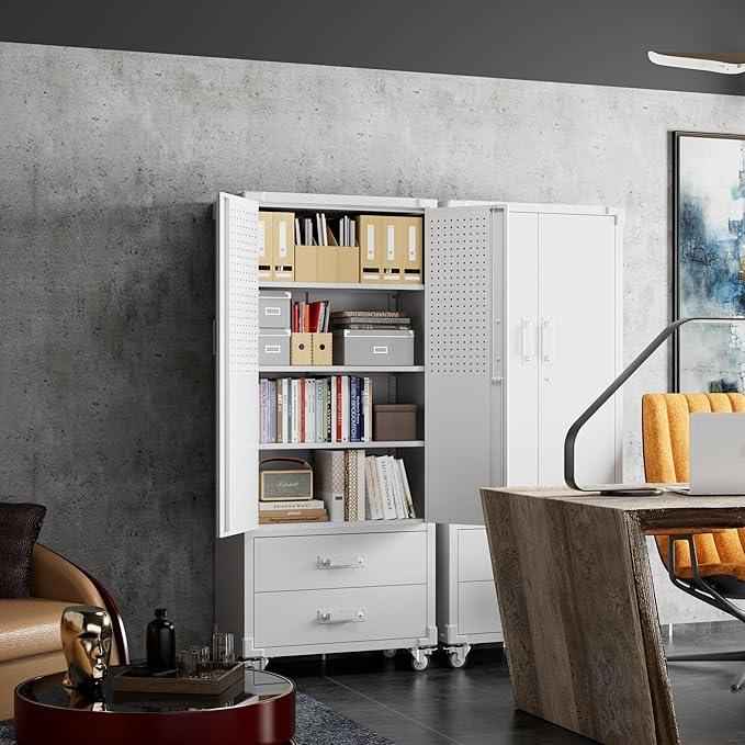 SUXXAN Rolling Storage Cabinet with 2 Doors and 2 Drawers, Heavy Duty Metal Storage Cabinet with Shelves, Locking Steel Cabinet for Warehouse, Home, Office (White) - NeatNest