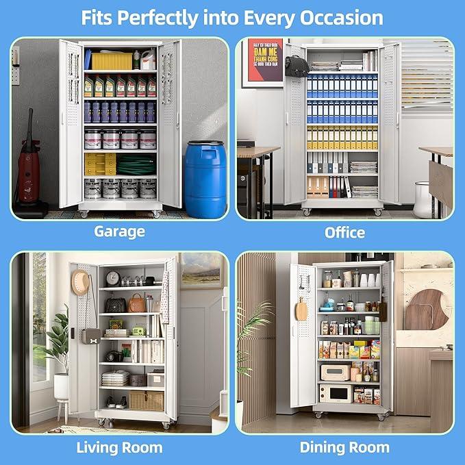SUXXAN Garage Storage Cabinet with Pegboard and 5 Adjustable Shelves, 71'' x 32'' x 16''Metal Lockable Cabinet with Magnetic Doors,Tool Storage,Home Office Garage,Gym,School(White) - NeatNest