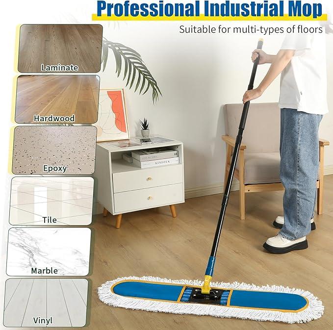24" Commercial Dust Mop for Floor Cleaning, Heavy Duty Large Industrial Floor Duster with 2 Cotton Mops Pads, Wet Dry Mops for Hardwood Floors,Concrete,Marble,Laminate,Tile,Garage,Blue - NeatNest
