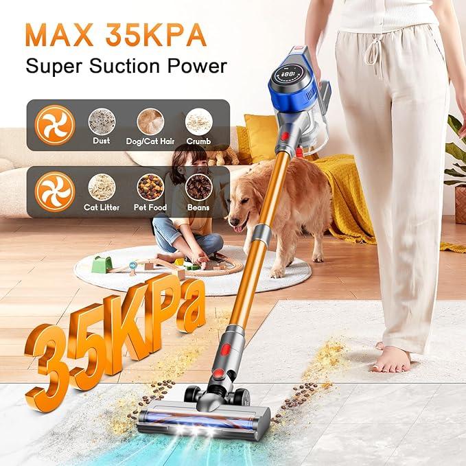 Cordless Stick Vacuum Cleaner - Rechargeable, 35Kpa Powerful Vacuums with Detachable Battery, LED Display, 45Mins Runtime, 8 in 1 Handheld Vacuum for Hardfloor & Carpets Pet Hair, Blue - NeatNest