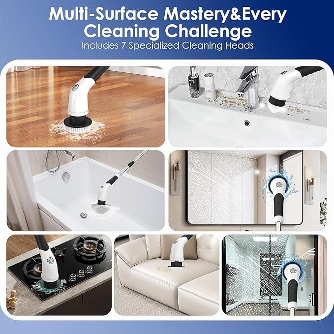 Cordless Electric Spin Scrubber, IPX7 Waterproof Rechargeable Power Cleaning Brush with 4000mAh Battery, 210min Runtime, 7 Brush Heads, 3 Adjustable Speeds, for Shower, Tub, Tile, Kitchen, Floor - NeatNest
