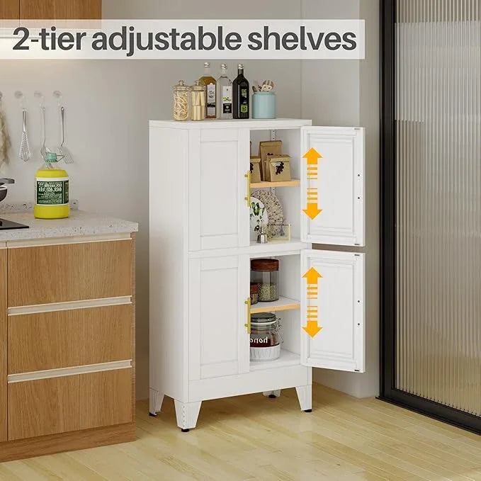 47“H White Metal Bathroom Storage Cabinet, Kitchen Pantry Cabinet with Doors and 3 Adjustable Shelves, Bathroom cabinets Organizer, for Home Office, Bedroom - NeatNest