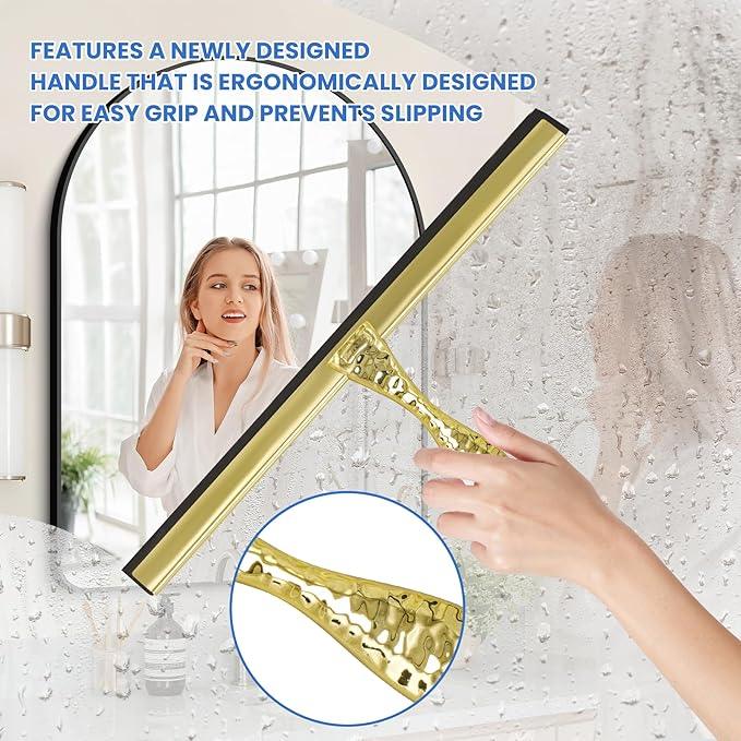 All-Purpose Silicone Shower Squeegee for Shower Glass Door,with 1 Hooks,for Bathroom Glass, Car, Tile Wall, Mirror Cleaning - Flower Shaped Handle for Easy-Grip 10 Inch Golden - NeatNest