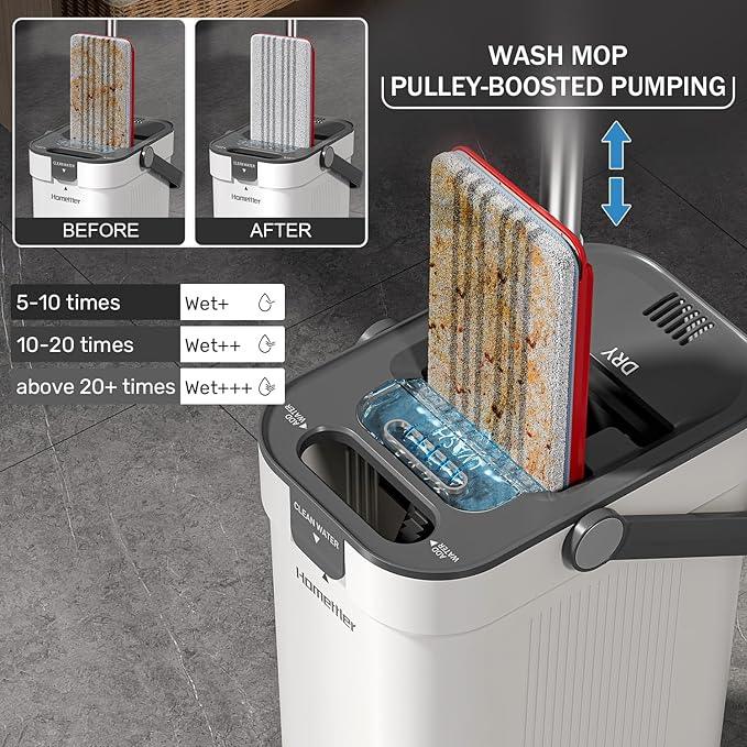 Mop and Bucket Set, Flat Mop and Bucket System with Separate Dirty and Clean Water, 3-Compartment Wall Cleaner Mop, Flat Mops for Floor Cleaning with 8 Microfiber Pads - NeatNest