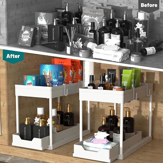 2 Pack Under Sink Organizer, 2 Tier Bathroom Cabinet Organizer with Sliding Basket, Multi-Purpose Under Sink Organizers and Storage for Bathroom Kitchen (White 2 Pack) - NeatNest