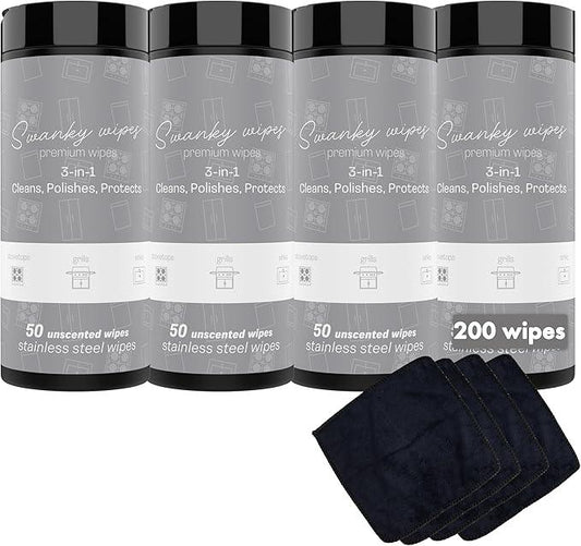 Swanky Stainless Steel Cleaner Wipes - Grime & Grease Remover Kitchen Cleaning Supplies - Clean & Shine, For Stove Top, Refrigerator, Sink, Oven, & Household Appliances - Canister, 200 Count - NeatNest