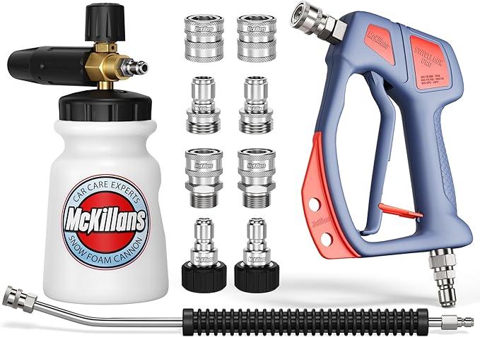 McKillans® Swivel Gun PRO + Foam Cannon Wide Month + Car Pressure Washer Extension Wand + Srainless Steel Quick Connect Kit M22-14mm to 3/8" Male Female Quick Disconnect Kit for Power Wash Bundle - NeatNest
