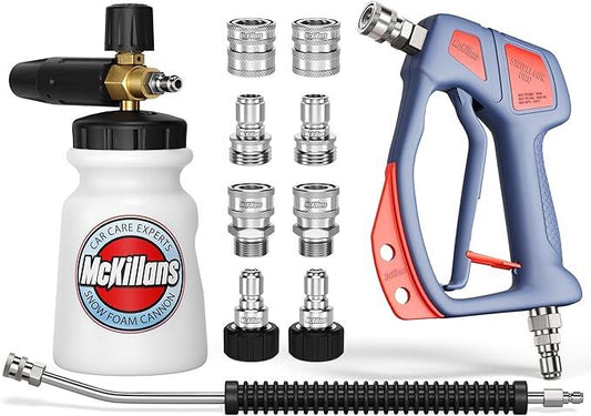 McKillans® Swivel Gun PRO + Foam Cannon Wide Month + Car Pressure Washer Extension Wand + Srainless Steel Quick Connect Kit M22-14mm to 3/8" Male Female Quick Disconnect Kit for Power Wash Bundle - NeatNest