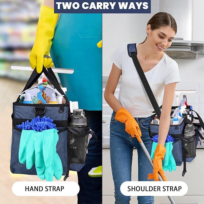 Large Wearable Cleaning Caddy Bag with Detachable Divider, Cleaning Organizer with Handles, Cleaning Supply Tote with Adjustable Shoulder Strap&Waist Belt for Cleaners & Housekeeper (Blue) - NeatNest