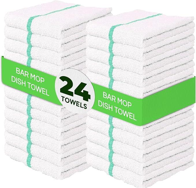 Towels N More 24 Pack 16x19 Bar Mop Towels High Absorbent Cotton Reusable Kitchen Towels - Quick Drying Towels for Chef, Cook, Home, Restaurant, Bar Glass Cleaning Towels (24, Green Stripe) - NeatNest