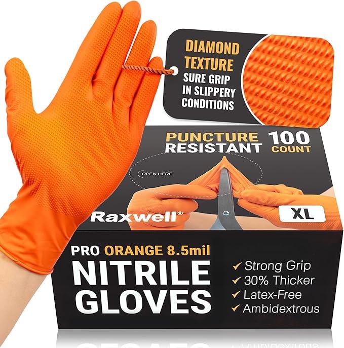 Raxwell Orange Nitrile Gloves 8.5 Mil - Powder-Free Puncture-Resistant Protection - Diamond-Texture Work Gloves with Grip - NeatNest