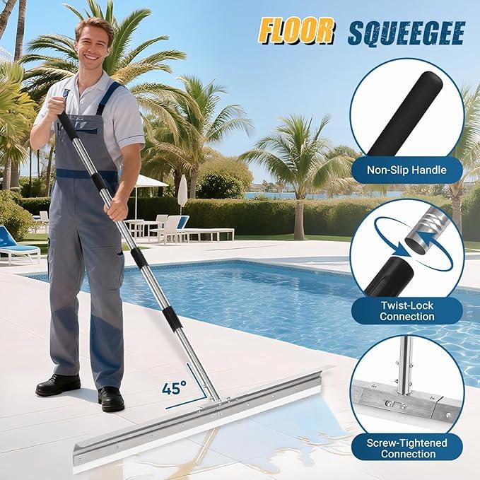 CAROD 33.4" Large Floor Squeegee for Concrete, Industrial Silicone Blade Squeegee for Floor with 63" Stainless Handle, Anti-Splash Curved Baffle Design for Garage, Factory, and Tough Cleaning Jobs - NeatNest