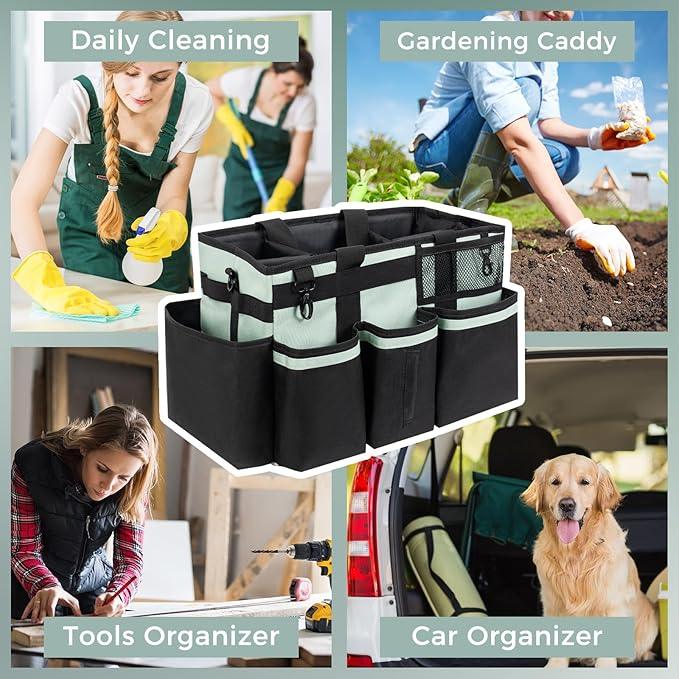 Wearable Cleaning Caddy, Cleaning Caddy Supplies Organizer with Handle & Shoulder Straps for Housekeepers, Under Sink & Car Cleaning Tool Organizers Bag with 4 Foldable Divider (Celadon) - NeatNest