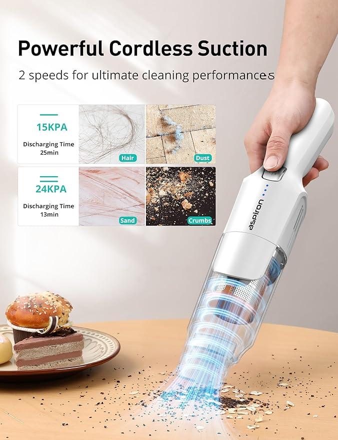 Aspiron Cordless Handheld Vacuum, 24KPA Powerful Car Vacuum, 2-Speed, 2 Charging Methods, Wireless Charger, Ergonomic Handle, Portable Rechargeable Vacuum Cleaner for Car, Home, Cream White - NeatNest