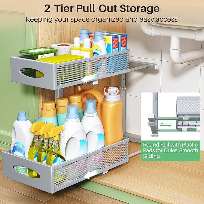 1 Pack Under Sink Organizer, 2 Tier Pull out Cabinet Organizer Mesh Baskets with 5 Adjustable Heights, Sliding Drawers Storage Shelf for Home, Kitchen, Bathroom, Pantry, Office, Countertop ,Grey - NeatNest