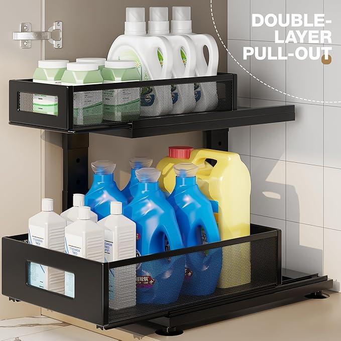 2 Pack Under Sink Organizer with Next-Gen Ball-Bearing Slides,2-Tier Pull Out Cabinet Storage,Height Adjustable Drawer Shelf for Bathroom,Kitchen,Laundry,Cabinet,Pantry(Patent Pending) - NeatNest