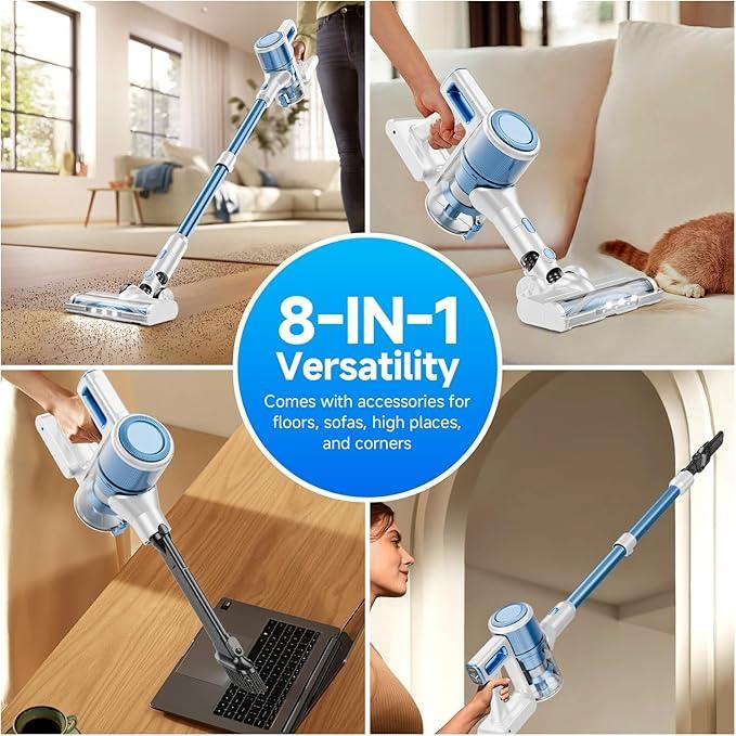 Cordless Vacuum Cleaner for Home - Lightweight, Stick Vacuum Clean with Rechargeable Battery, Max 45Mins Runtime, 8 in 1 Handheld Vacuum for Hardfloor & Carpets Pet Hair, Blue&White - NeatNest