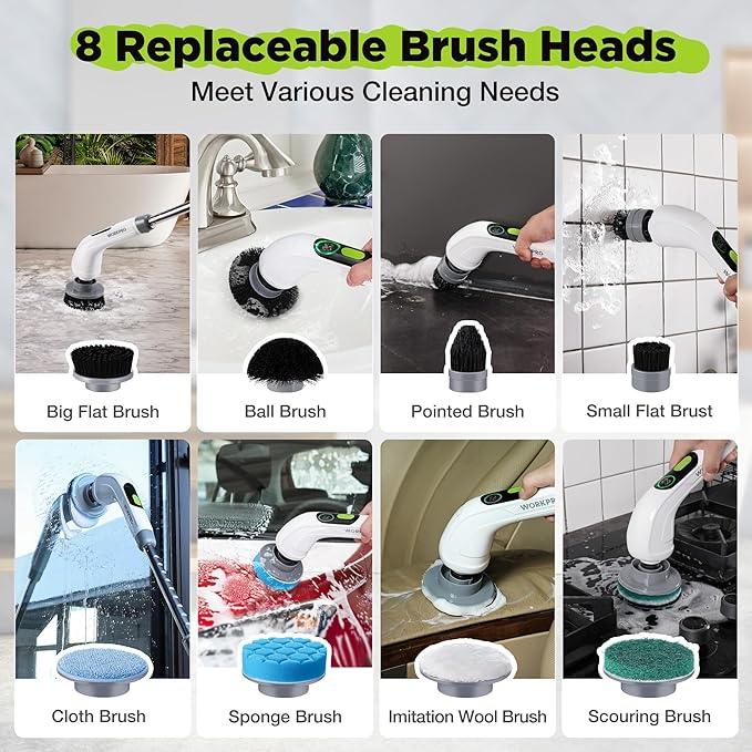 WORKPRO Electric Spin Scrubber, Cordless Cleaning Brush, 3-Speed, Long Adjustable Handle & 8 Replaceable Brush Heads, Waterproof Scrubber for Bathroom, Kitchen, Bathtub, and Floor, for Women - NeatNest