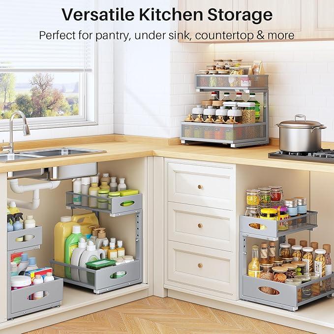 Under Sink Organizer, 2 Tier Pull Out Under Cabinet Organizer Shelf with Pad for Framed Cabinets, Metal Slide Out Under Sink Storage, Mesh Sliding Drawers for Kitchen Bathroom Laundry(Grey, 1 Pack) - NeatNest
