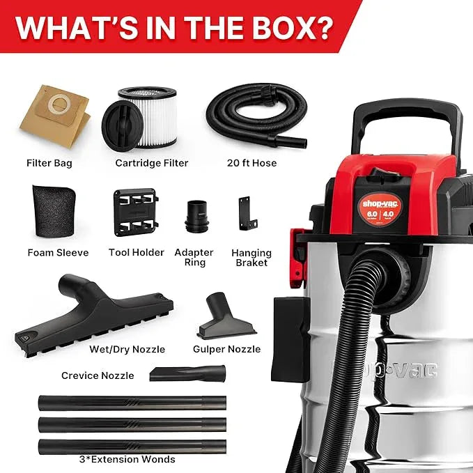 Shop-Vac 6 Gallon 4.0 Peak HP Wet/Dry Vacuum, Wall Mountable Compact Shop Vacuum with 20 ft Extra Long Hose & Accessories - Ideal for Jobsite, Garages, Car & Workshops - NeatNest
