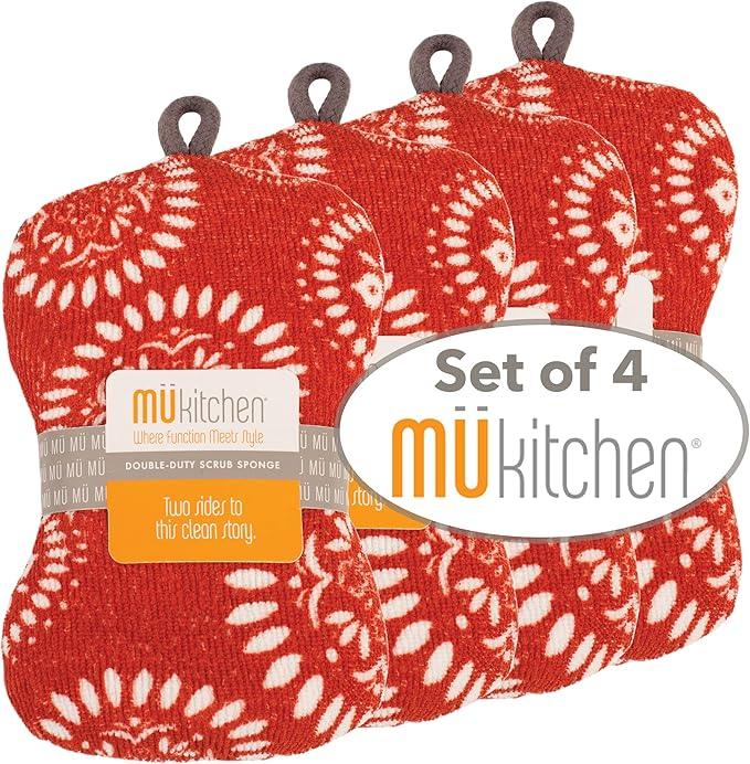 MÜkitchen Premuim Sponge for Dishes and Household Cleaning | Microfiber Print and Non-Scratch Scrub Pad | Set of 4 | (Medallion Red) - NeatNest