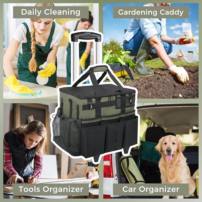 Rolling Cleaning Caddy Bag with Detachable Trolley, Large Cleaning Supplies Organizer with Wheels, Multi-Pocket Cleaning Cart with Adjustable Shoulder Strap for Housekeepers & Home Use, Armygreen - NeatNest
