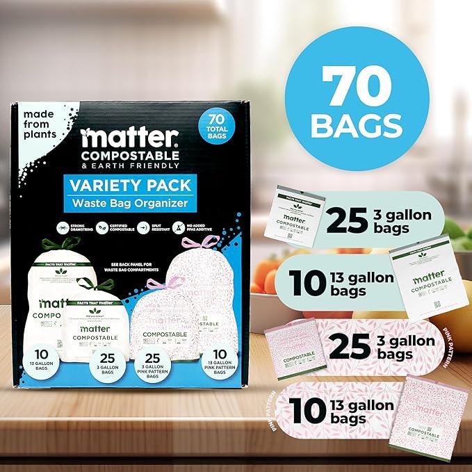 Matter Compostable Variety Pack 3 Gallon and 13 Gallon Kitchen Trash Bags with Drawstring, Unscented, Durable, Leak-Resistant, Eco-Friendly, 70 Count - NeatNest