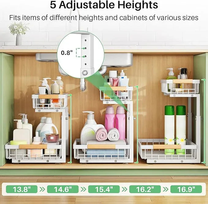 Under Sink Organizer, 2 Packs 2 Tier Under Sink Organizers and Storage, Slide out Pull out Cabinet Organizer Shelf, Metal Sliding Drawer for Kitchen Bathroom Pantry Closet Rack(White) - NeatNest