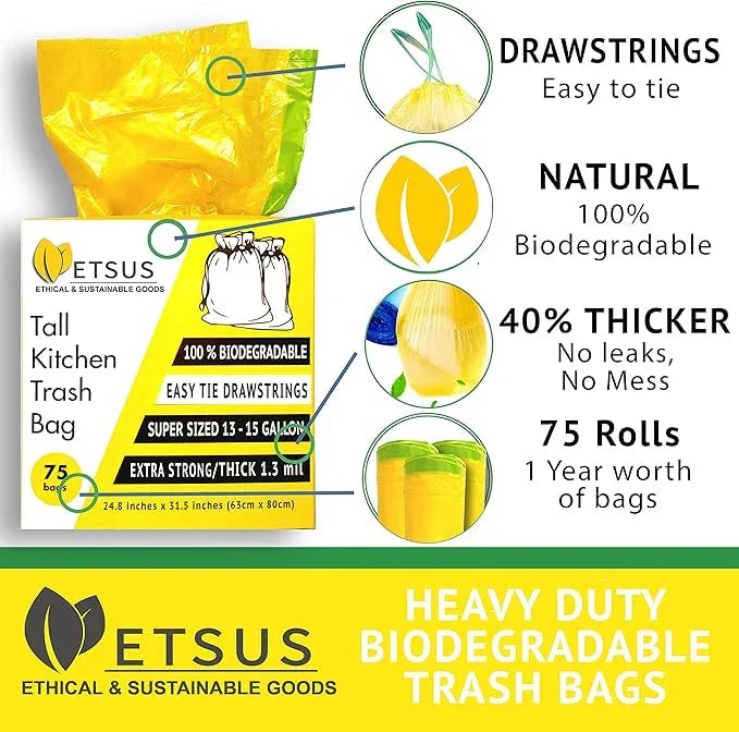 13 Gallon Biodegradable Trash Bags with Drawstrings, 75 Count Plant Based, Code Q Tall Kitchen Compost Bags 50 Liter Bin - Green Garbage Liners - 1.3 mil Thick Heavy Duty and Eco Friendly Trash Bags - NeatNest