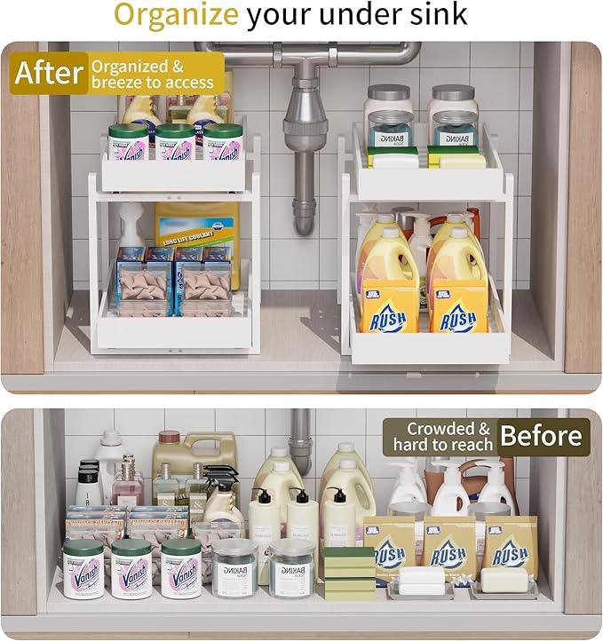Bamboo Wood Under Sink Organizer 1 Pack, Pull Out Cabinet Organizer 2 Tier Under Sink Organizers and Storage with Sliding Drawer Sturdy Easy Assembly for Kitchen Bathroom Undersink (White, 1 Pack) - NeatNest
