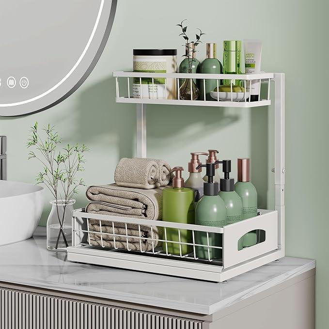Under Sink Organizer and Storage, Height Adjustable Cabinet Organizer with Slide Out Drawer, Pull Out Under Sink Storage, Multi-Purpose 2 Tier Sink Shelves for Kitchen Bathroom Pantry (White, 1 Pack) - NeatNest