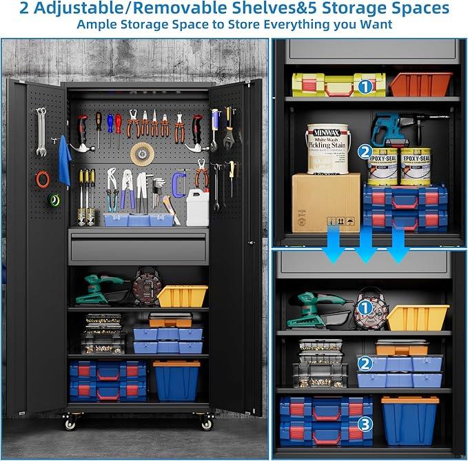 SUXXAN 71" Metal Garage Storage Cabinet with 16 Hooks and Pegboards,1 Drawer Inside Rolling Tool Storage Cabinet with Adjustable Shelves,3 Metal Hanging Rod for Garage,Warehouse - NeatNest