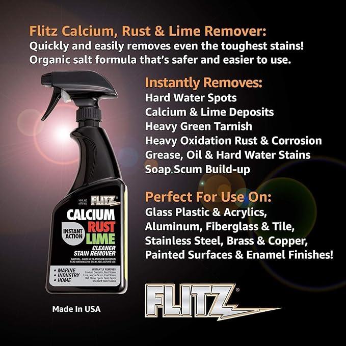 Flitz Calcium, Rust, & Lime Remover - 16oz Bottle of USA-Made Limescale Remover for Toilets, Showers, and More - Powerful Spray that Instantly Eliminates Tarnish, Grease, and Other Grime (6 Pack) - NeatNest