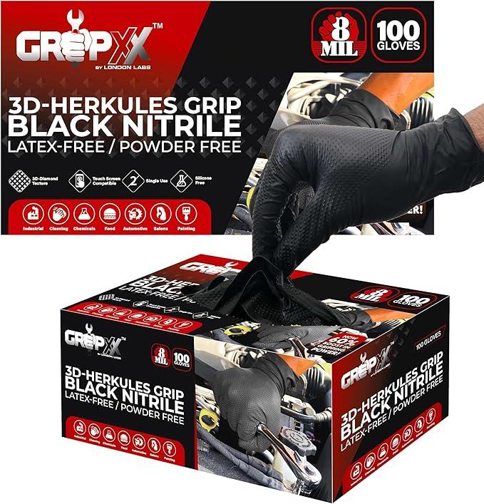 Herkules Grip Heavy Duty 8Mil Black Nitrile Gloves,3D Raised Diamond Texture-Latex & Powder-Free Industrial, Mechanic - NeatNest