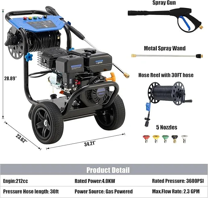 Gas Pressure Washer 3600 PSI, 2.3 GPM Heavy Duty High Power Washer,212CC Engine with 30FT Hose, Axial Aluminum Pump, Soap Tank, Spray Gun and Wand, 5 Quick Connect Nozzle (Blue) - NeatNest