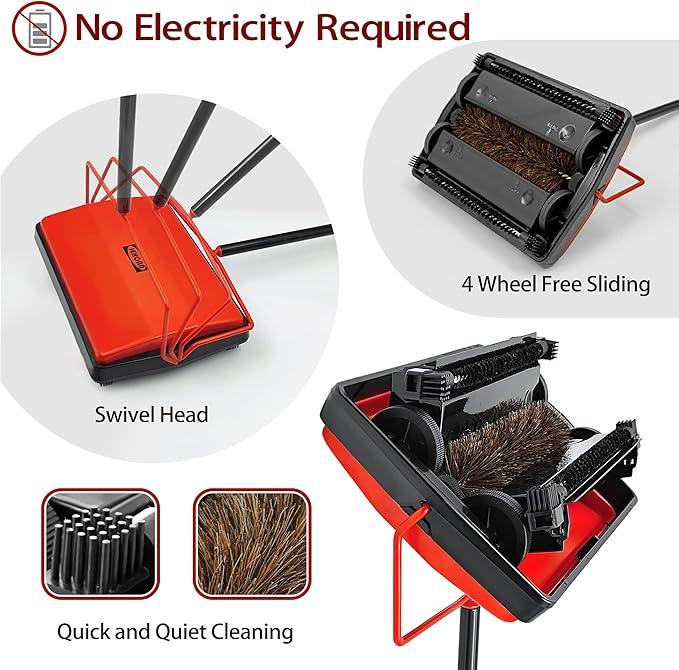 JEHONN Carpet Floor Sweeper Manual with Horsehair, Non Electric Quite Rug Roller Brush Push for Cleaning Pet Hair, Loose Debris, Lint (Red) - NeatNest